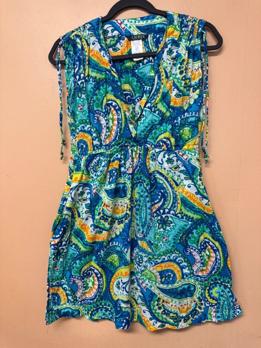 Lauren Ralph Lauren Dress M Paisley Cotton Boho Sleeveless Ruched Resort Pocket